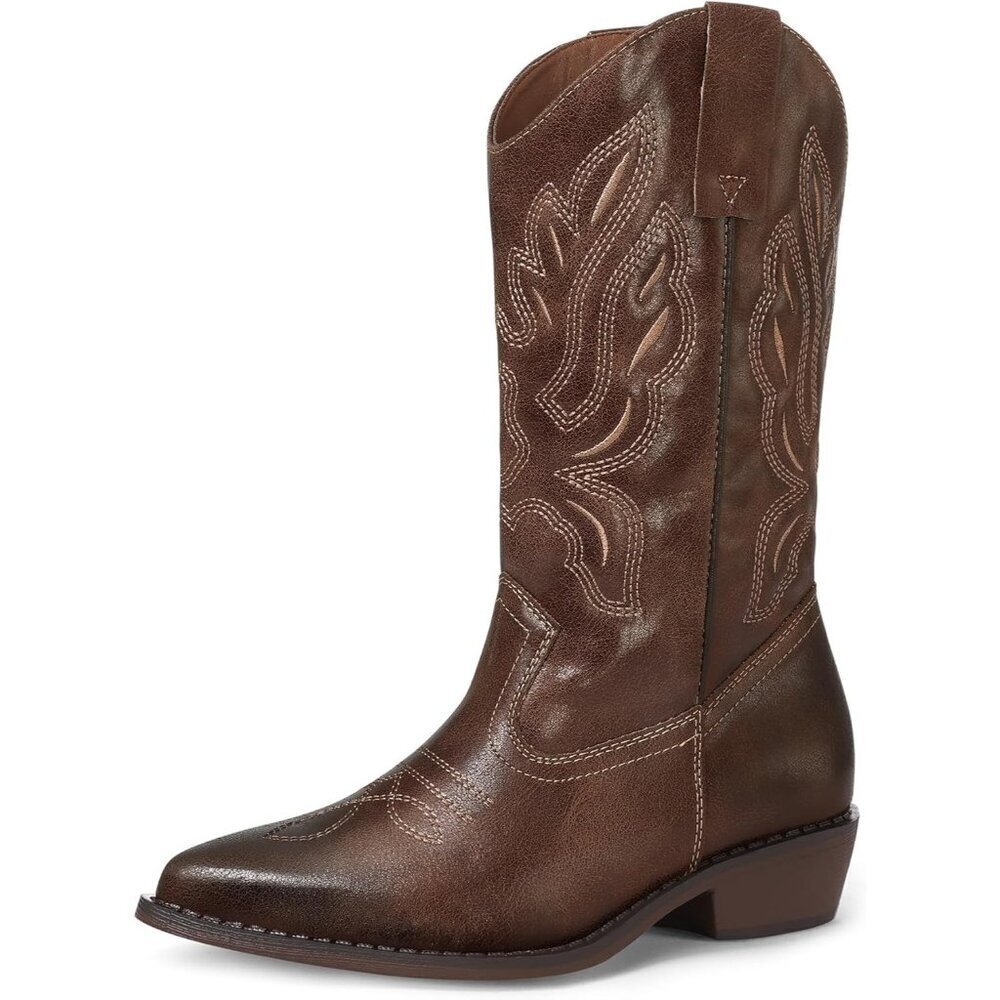 🆕mysoft Cowboy Heel Boots Women Dark Brown PU Embroidered Mid-Calf Pointed Toe